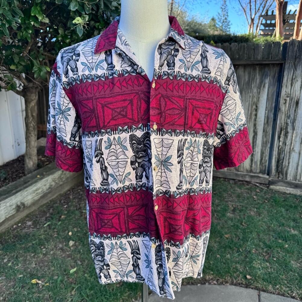 Vintage RJC Hawaii Barkcloth Red Cotton Hawaiian Shirt Tiki USA Men's Large